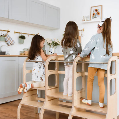 STEP UP Adjustable Height Helper Tower With Support Legs - Natural Wood