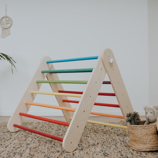 Pikler Triangle Climber with Swedish Wall Add-On (Ages 6m–7y) - Rainbow